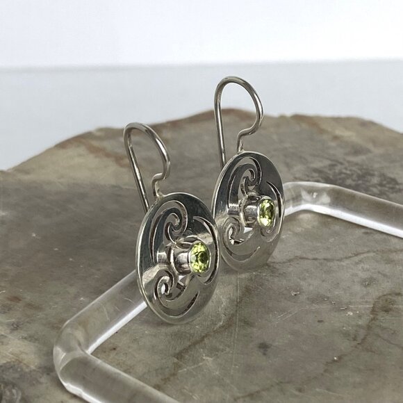 Sterling Silver 925 Round Peridot Pierced Celtic Style Dangle Drop Earrings - Picture 4 of 16